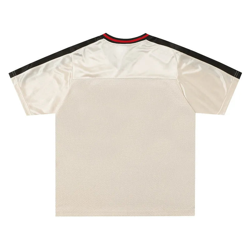 Apricot sports jersey V-neck couple top with letter pattern and drop-shoulder sleeves