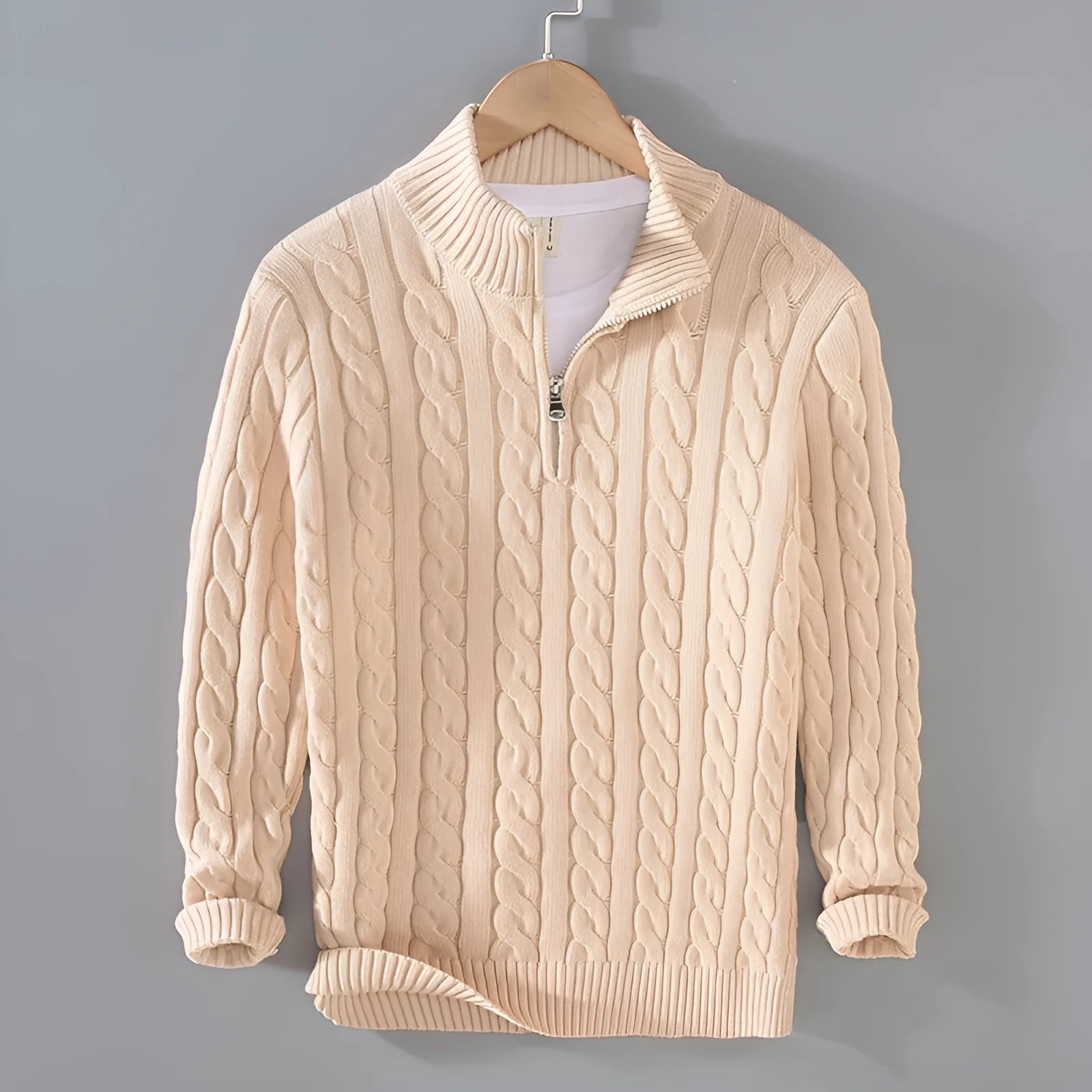 Men's cotton knitted zip pullover sweater in wine red - thick winter loose fit coat with front zip