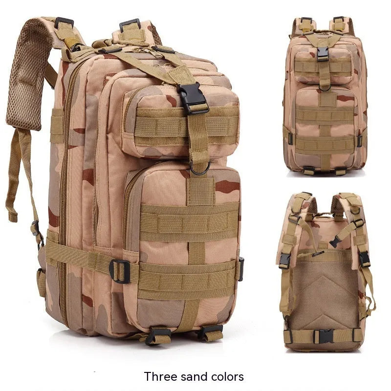 Large khaki hiking backpack with air pillow belt system shown for off-road use.