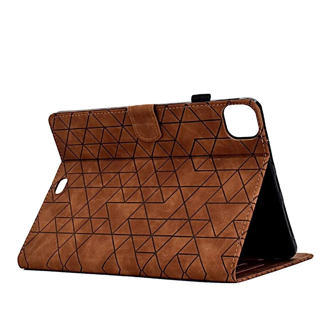 iPad Pro 11 leather case with card holder in diamond embossed green pattern, showing stand function.