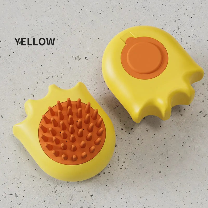 Pet bath brush with shampoo compartment and four brush attachments in blue orange yellow options