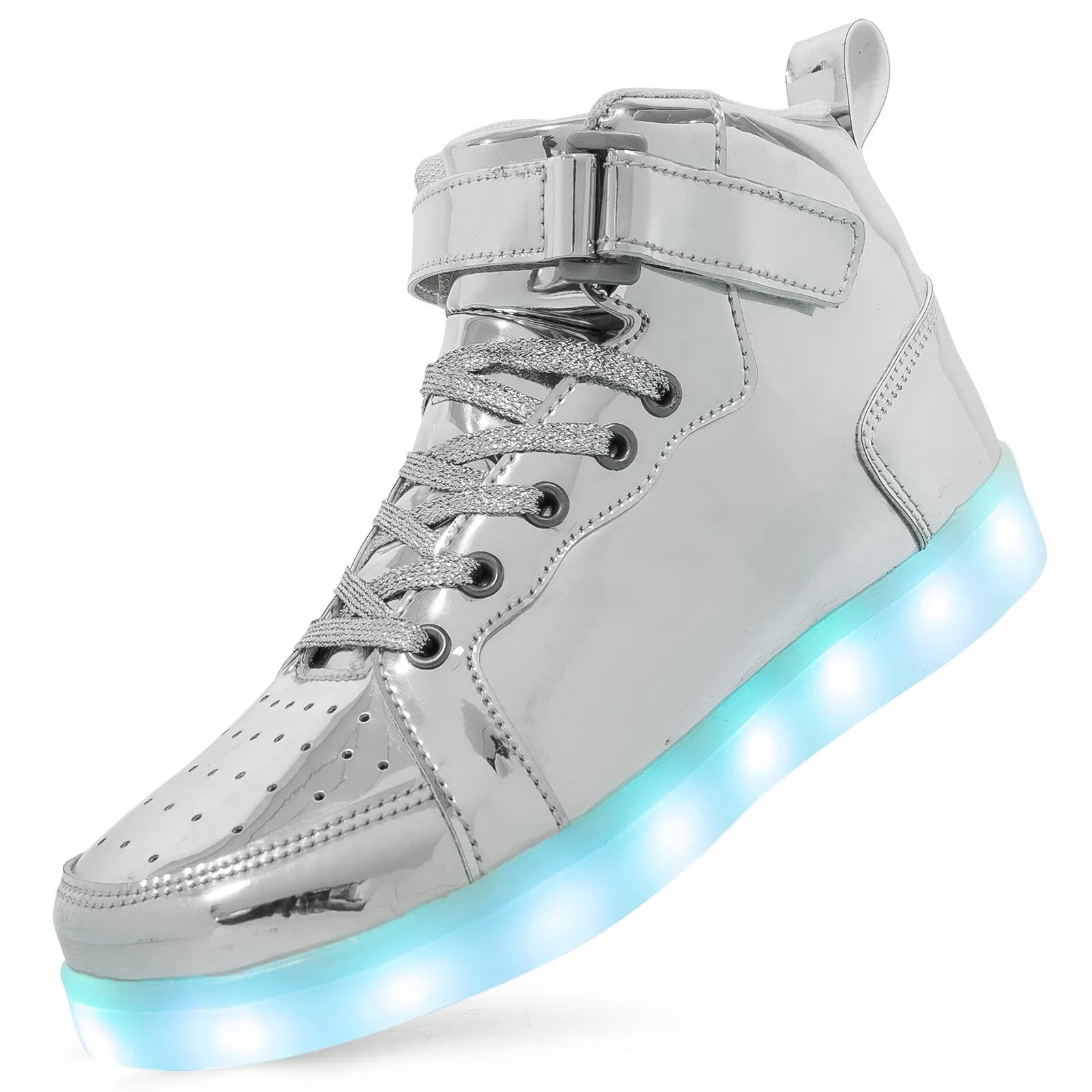 LED high-top light shoes with Velcro closure showing illuminated sole and available colour options