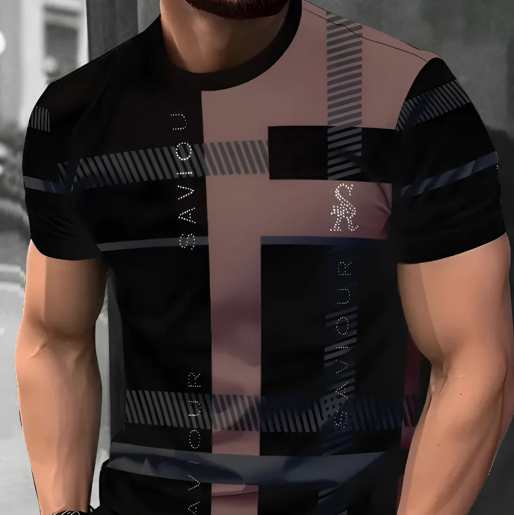 Men's loose fit short-sleeved T-shirt with digital 3D printed stripes pattern
