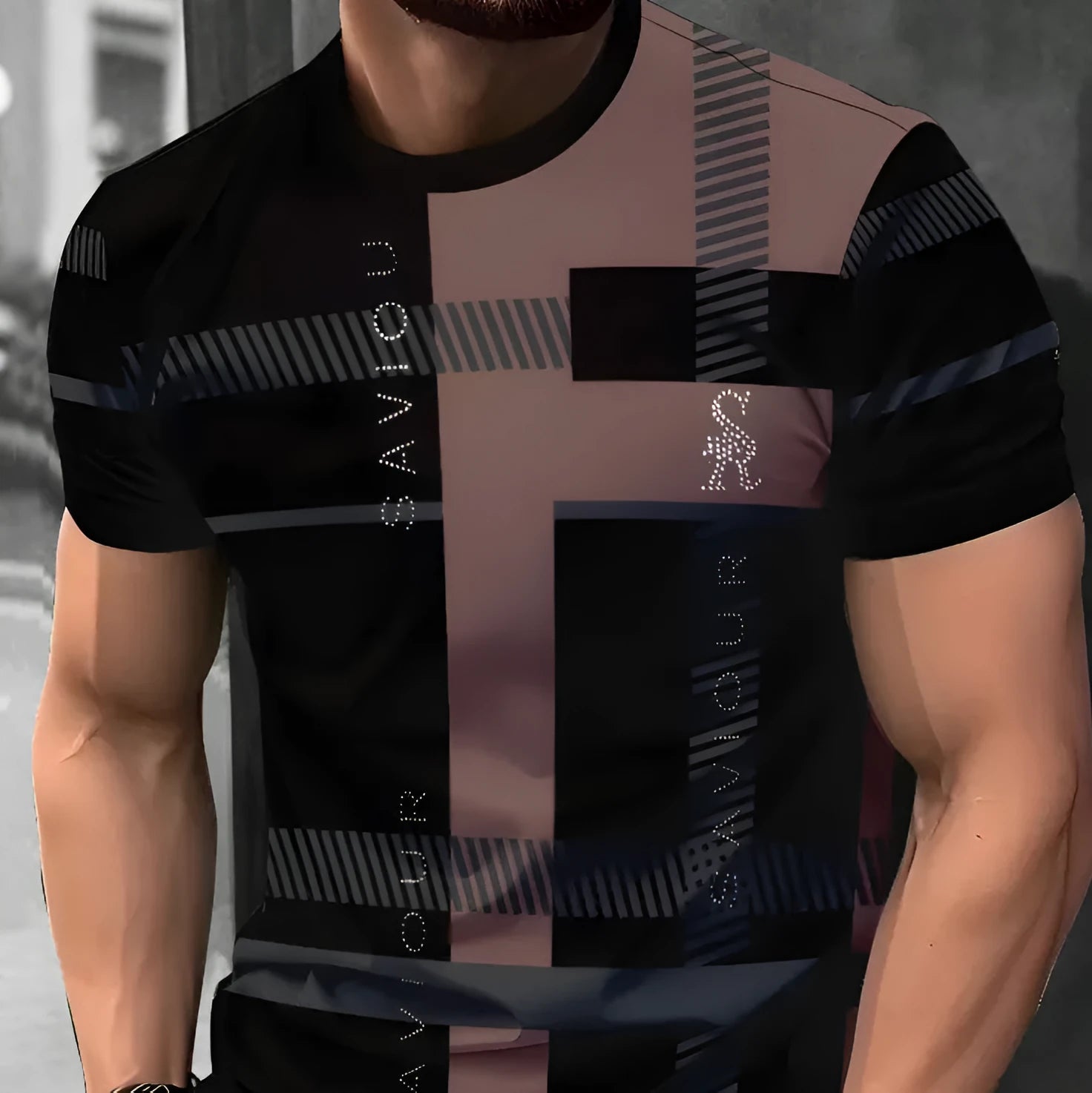 Men's loose fit short-sleeved T-shirt with digital 3D printed stripes pattern