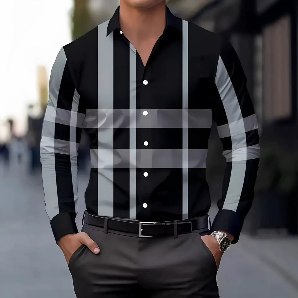 Men's striped long sleeve shirt with button lapel collar in polyester fabric
