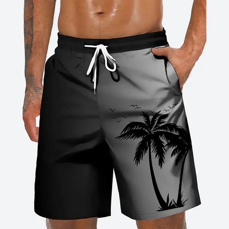 Man wearing loose light blue polyester beach pants with elastic waistband on a summer day.