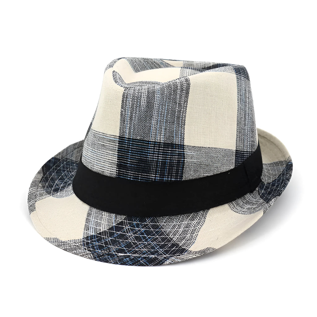 Blue and black polyester straw sun hat with bell crown for outdoor travel sun protection.