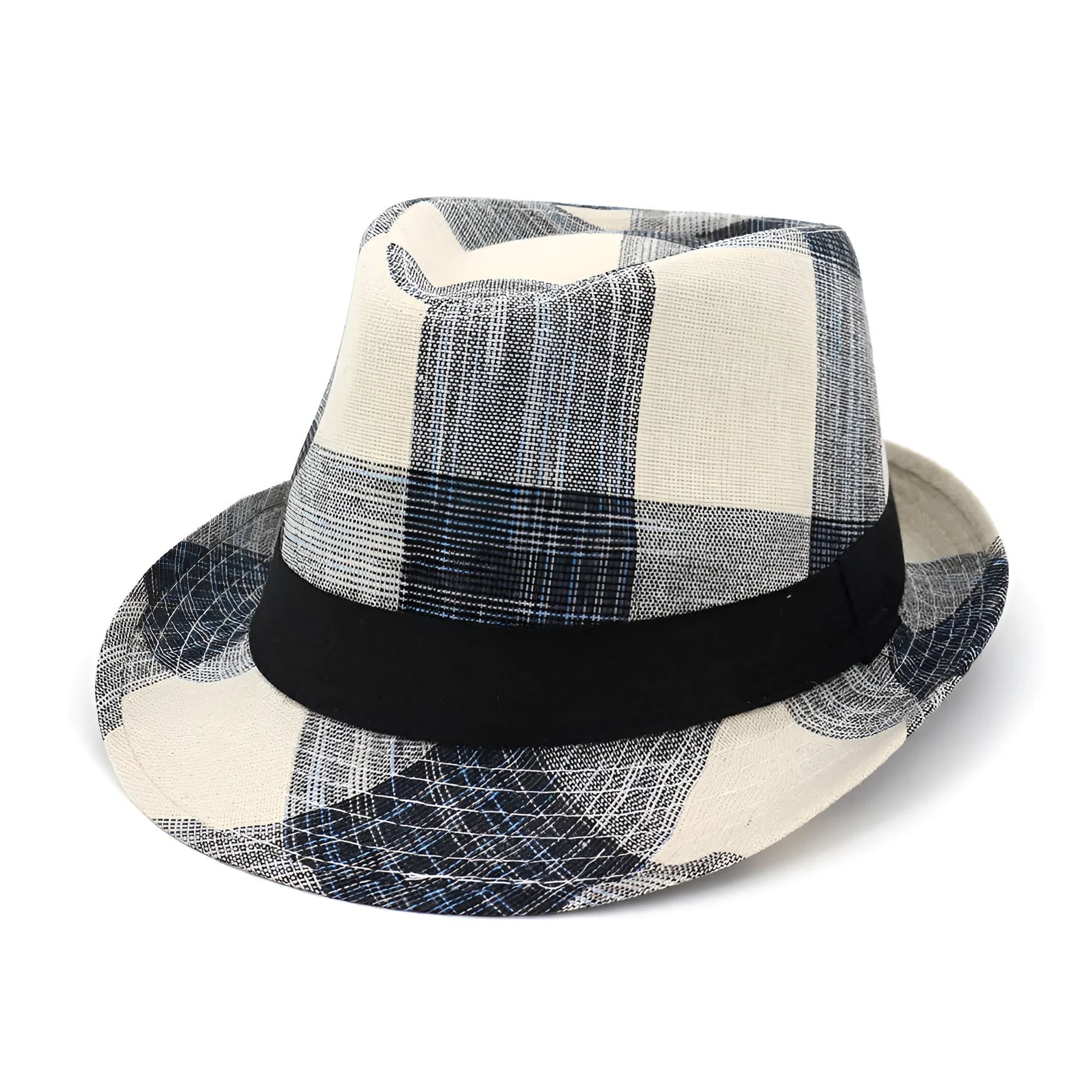 Blue and black polyester straw sun hat with bell crown for outdoor travel sun protection.