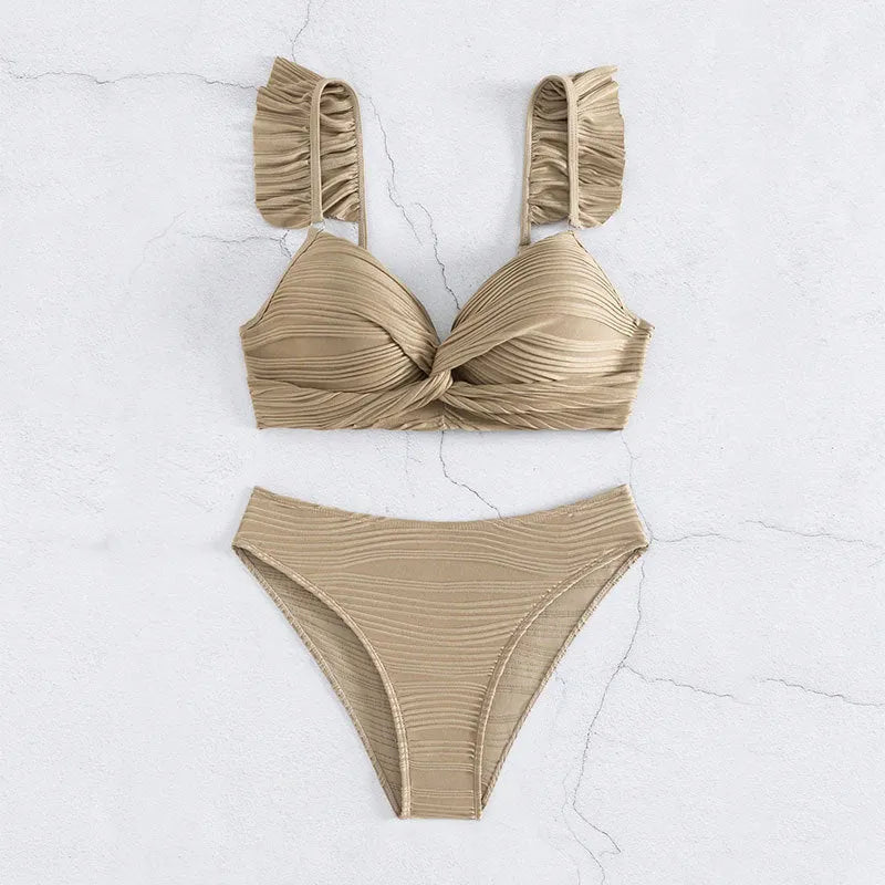 Women's solid colour bikini swimsuit in black and khaki options with Asian sizing