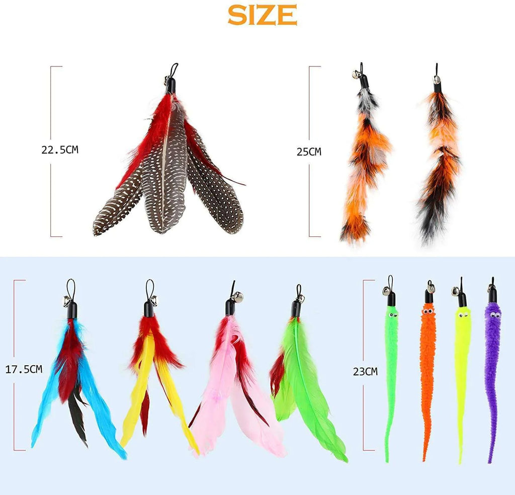 Cat teasing pole set with two handheld poles and ten feather replacement heads