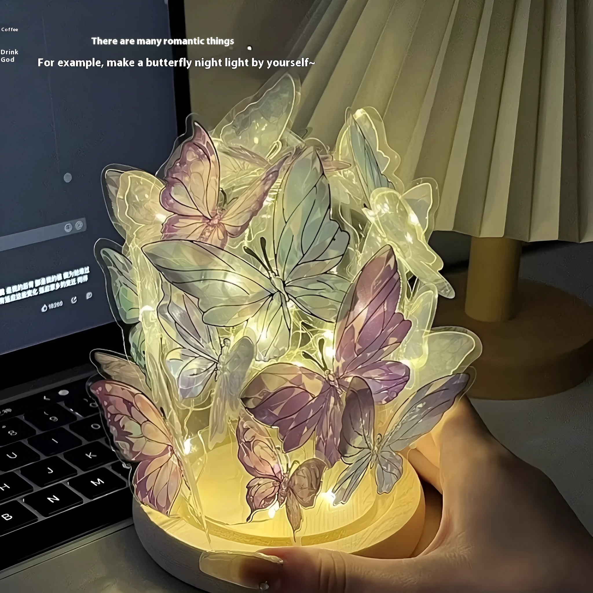 Butterfly-shaped night lamp with glass lampshade on raw wood base
