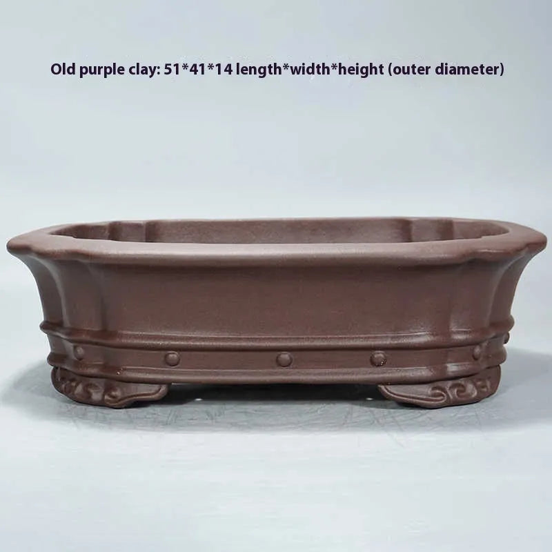 Purple clay rectangular handmade flower pot with antique begonia design for desktop plants
