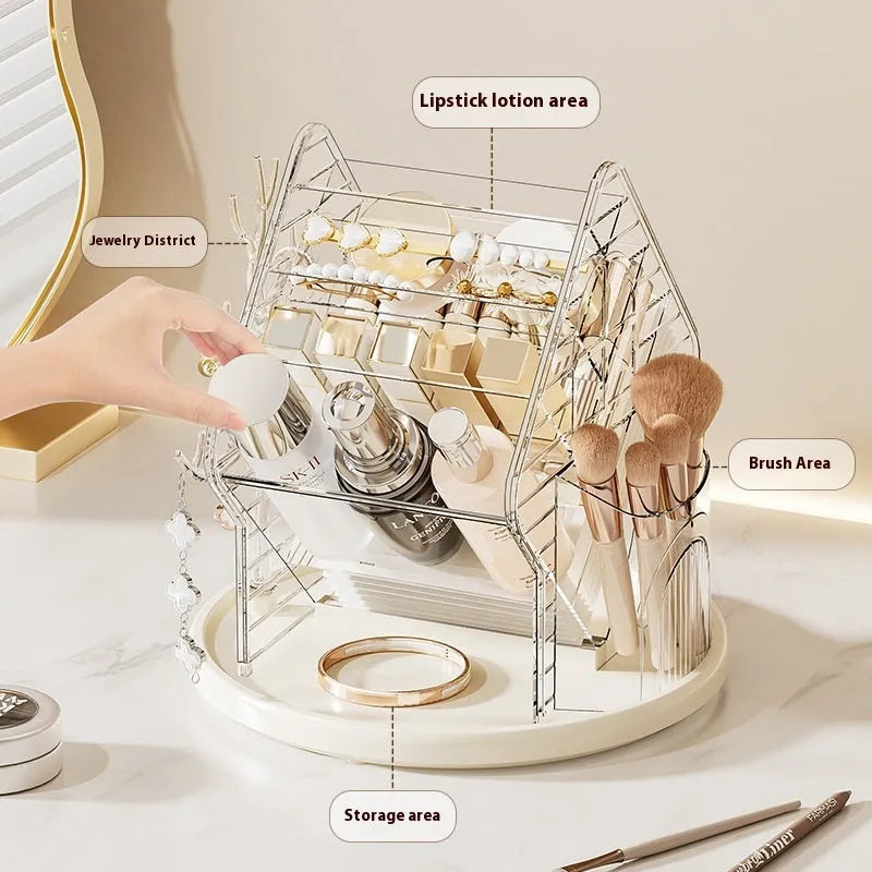 Clear and amber gold rotating plastic cosmetics storage box on a vanity