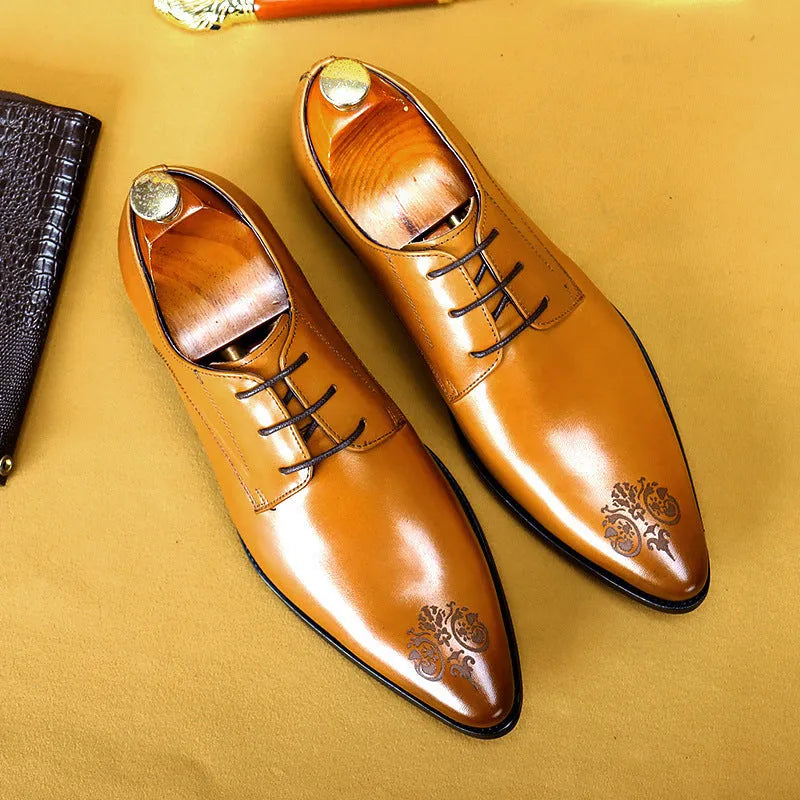 Men's cowhide leather pointed carved formal shoes in black, brown, or wine red with rubber sole