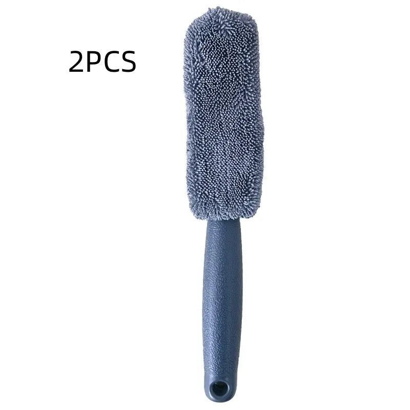 Microfiber long handle tyre brush with blue head and aluminium shaft for car wheel cleaning