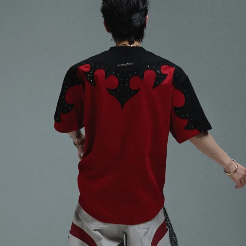 Men's grey cotton t-shirt with burnt flower stitching and rhinestone decoration on short sleeves