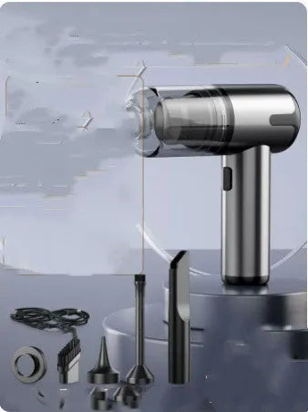 XY-2317 handheld cordless car vacuum cleaner with brush and nozzle attachments on a car seat.