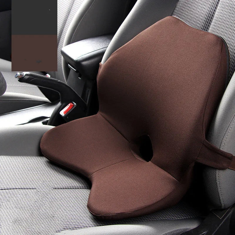 Car seat waist support cushion with memory foam, shown in beige, black, coffee, and grey colours.