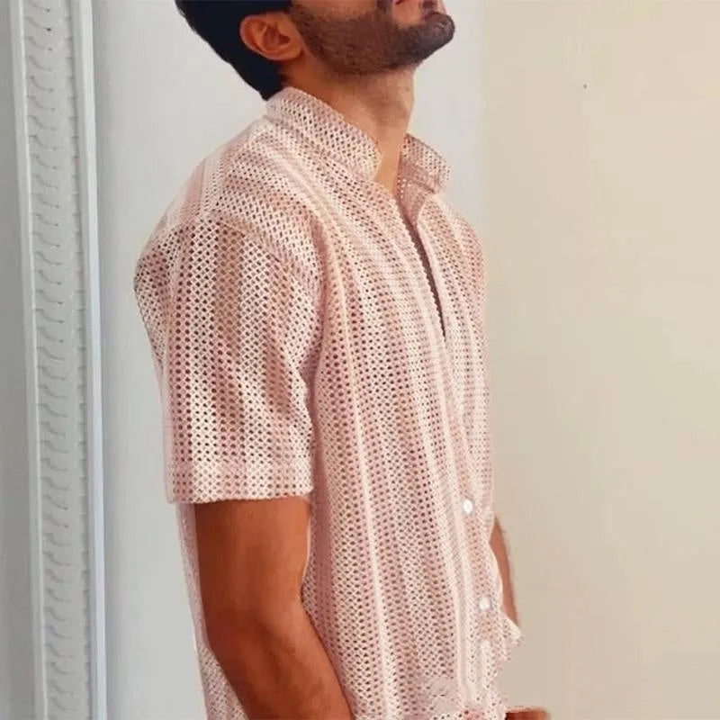 Pink men's short-sleeve cardigan shirt with waffle weave texture, loose fit
