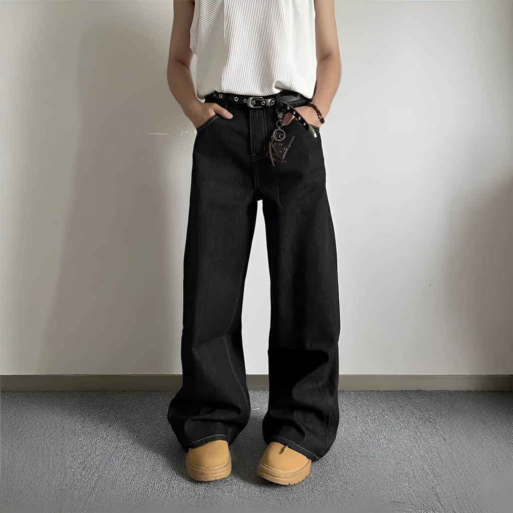 Black retro loose wide-leg jeans with straight-leg design and zip placket