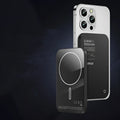 Alloy magnetic wireless power bank in black and titanium gold colours showing creative design