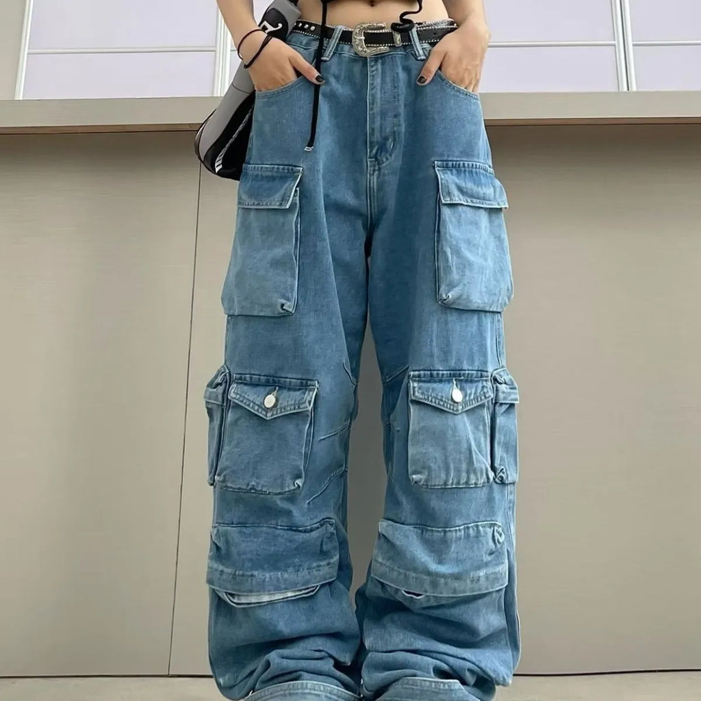 Women's high waist wide leg jeans in tie-dyed colours with multiple pockets and street hipster styling