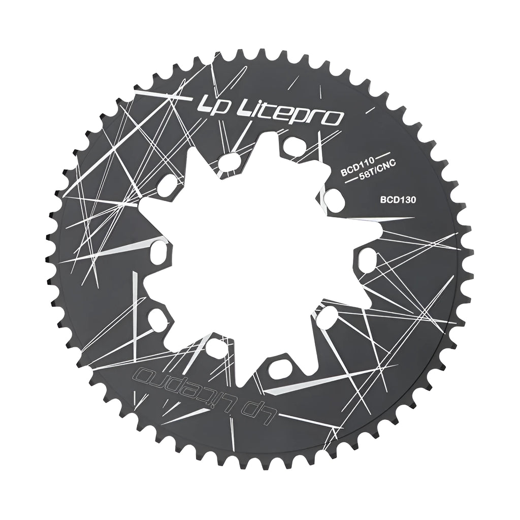 Silver aluminium alloy oval bicycle chainring with CNC machining marks on a white background