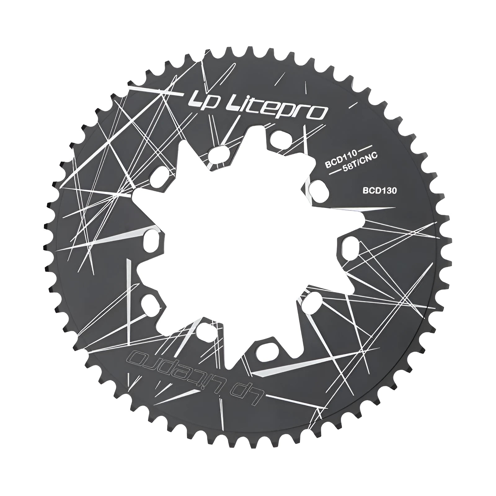 Silver aluminium alloy oval bicycle chainring with CNC machining marks on a white background