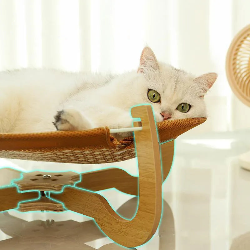 Brown woven rattan pet hammock bed measuring 46cm square with raised platform design