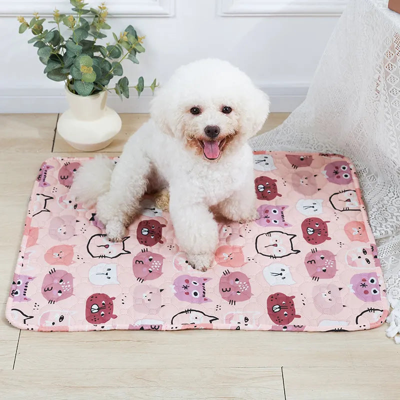 Reusable washable pet urine pad with animal print design, showing non-slip backing and cloth material.