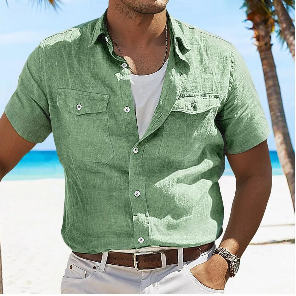Men's cotton linen summer shirt with polo collar in solid colours