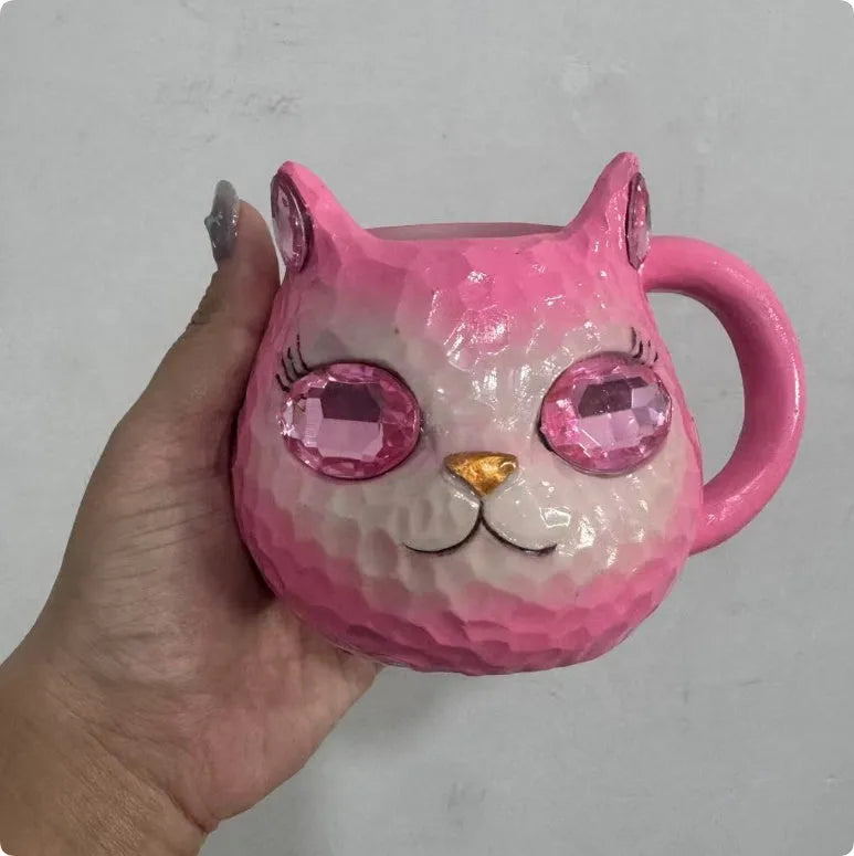 American-style resin cat cup decorative craft collectible in purple, green, blue, or pink colours