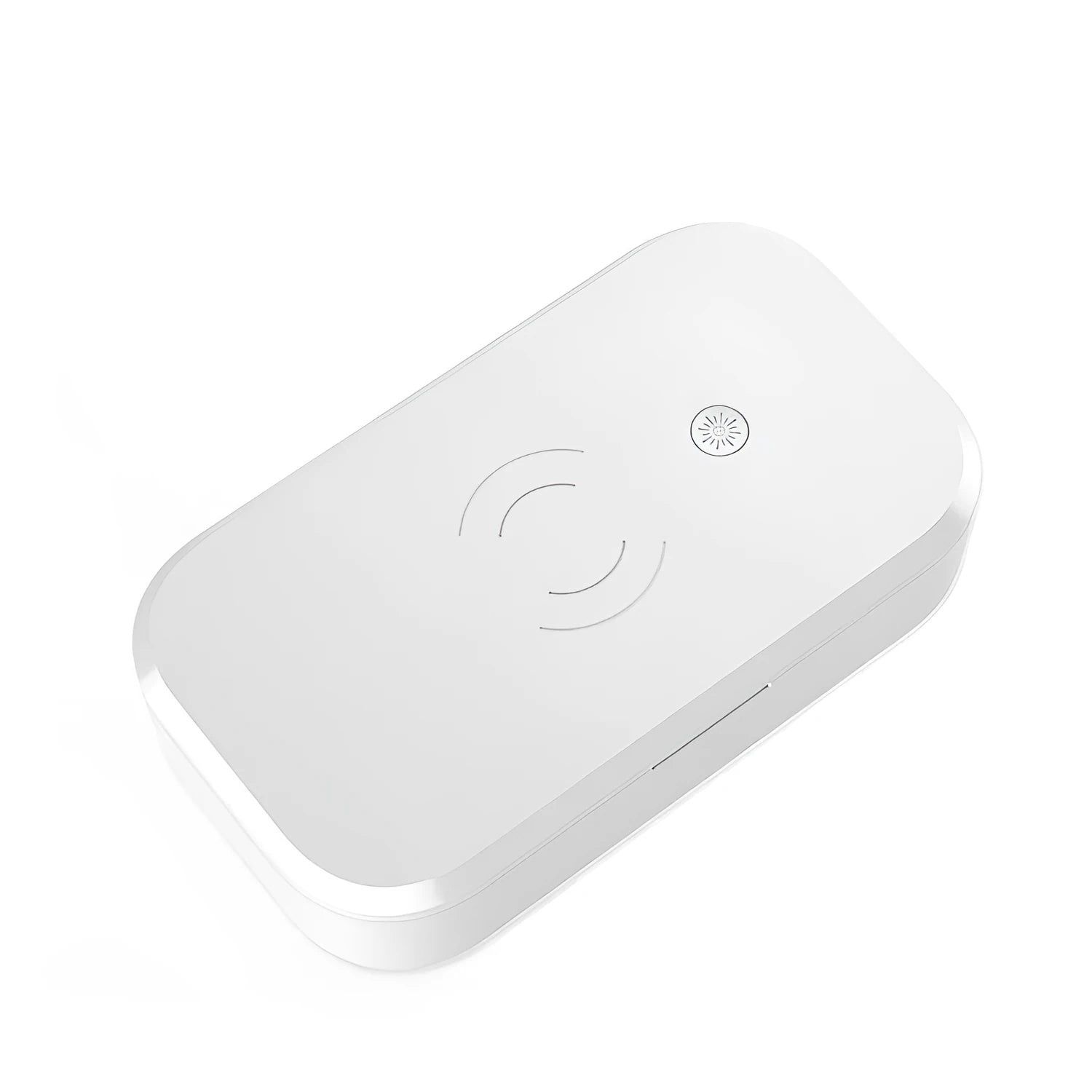 White ultraviolet disinfection box with wireless charging pad for mobile phones and nail tools.
