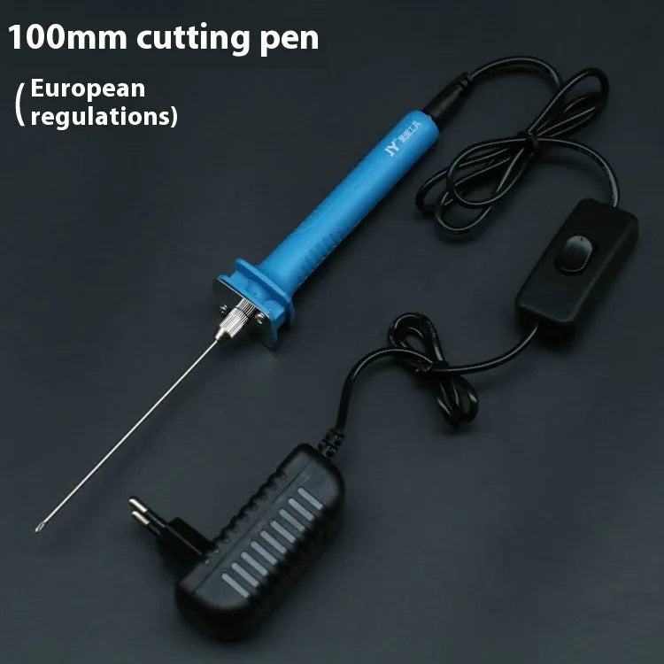Blue electric heating cutter pen with plastic handle for cutting foam and pearl cotton, shown with power adapter.