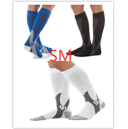 Graduated compression socks in black, shown with size guide for S/M, L/XL, and XXL.