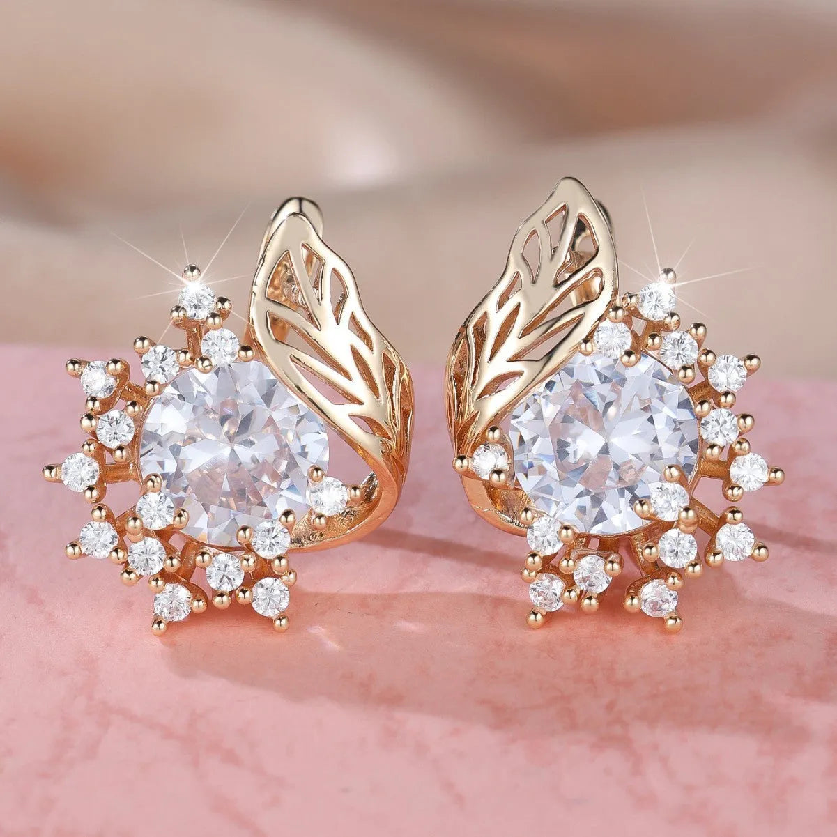Round floral feather zircon earrings in rose gold with coloured diamond options