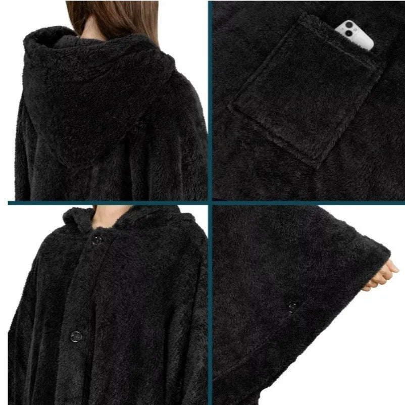 Thickened hooded cloak bathrobe in polyester fabric with cardigan-style front opening
