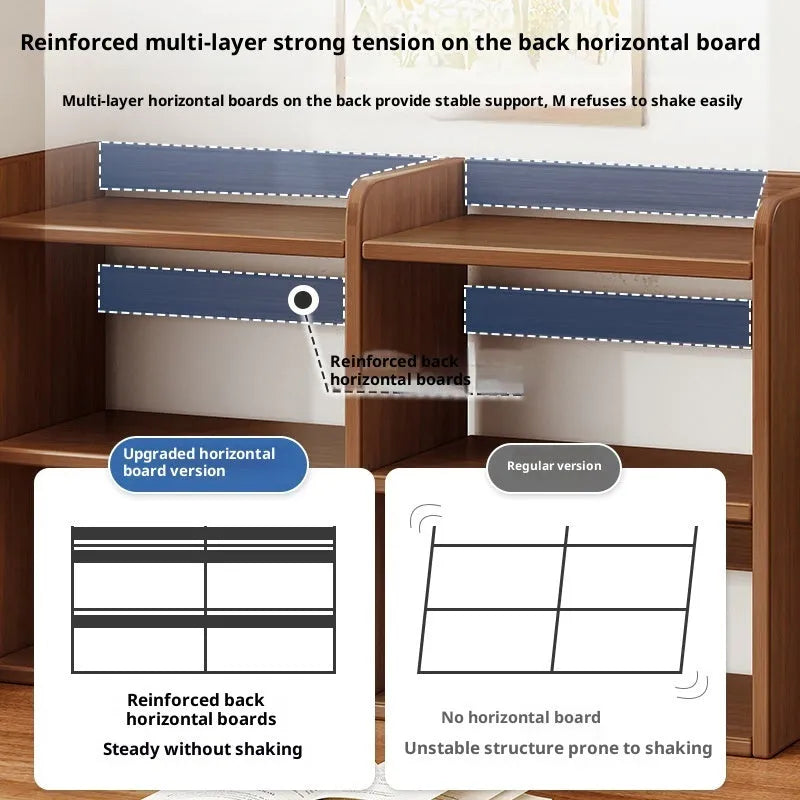 Desktop bookshelf three-layer 50cm density board dark walnut colour on desk with books