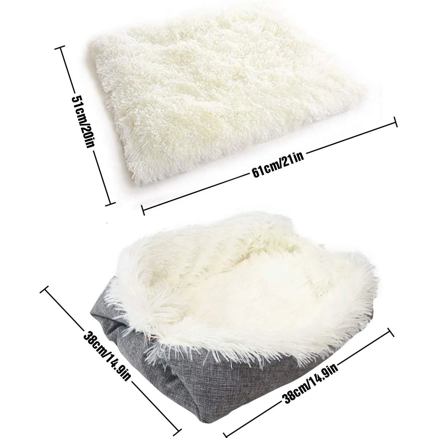 Grey or white pet blanket with long plush hair measuring 61cm by 51cm with non-slip black bottom