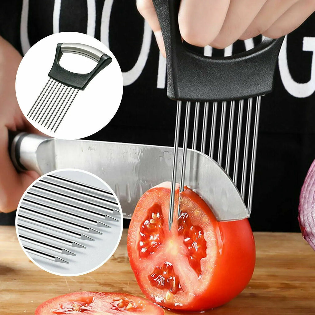 Stainless steel onion holder slicer with ABS handle measuring 14cm by 9.5cm