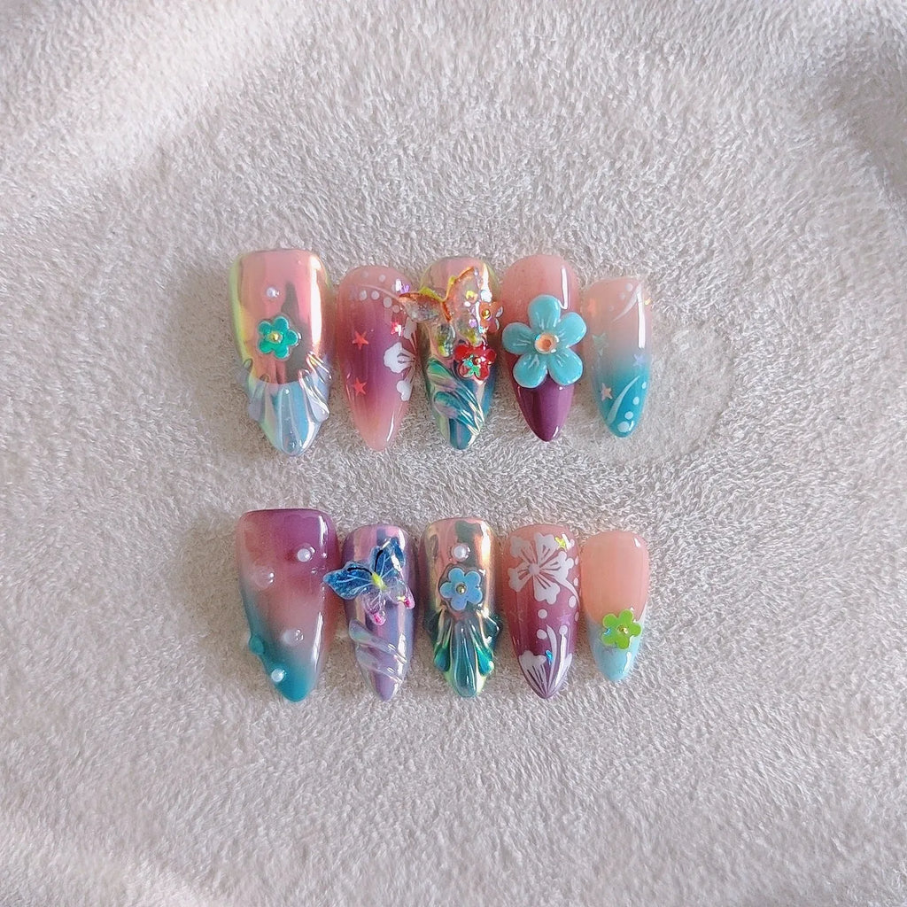Handmade colourful floral butterfly manicure sculpture with embossed detail in four size options