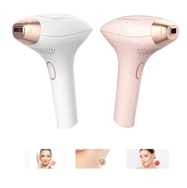 Pink and white three-in-one ice-sensing laser hair removal device with shaver attachment and accessories