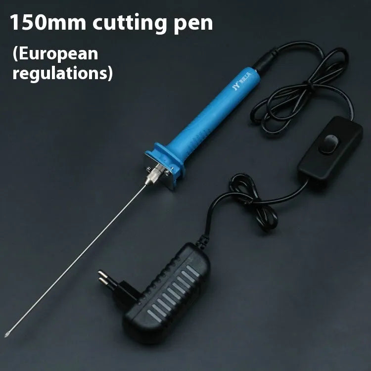 Blue electric heating cutter pen with plastic handle for cutting foam and pearl cotton, shown with power adapter.