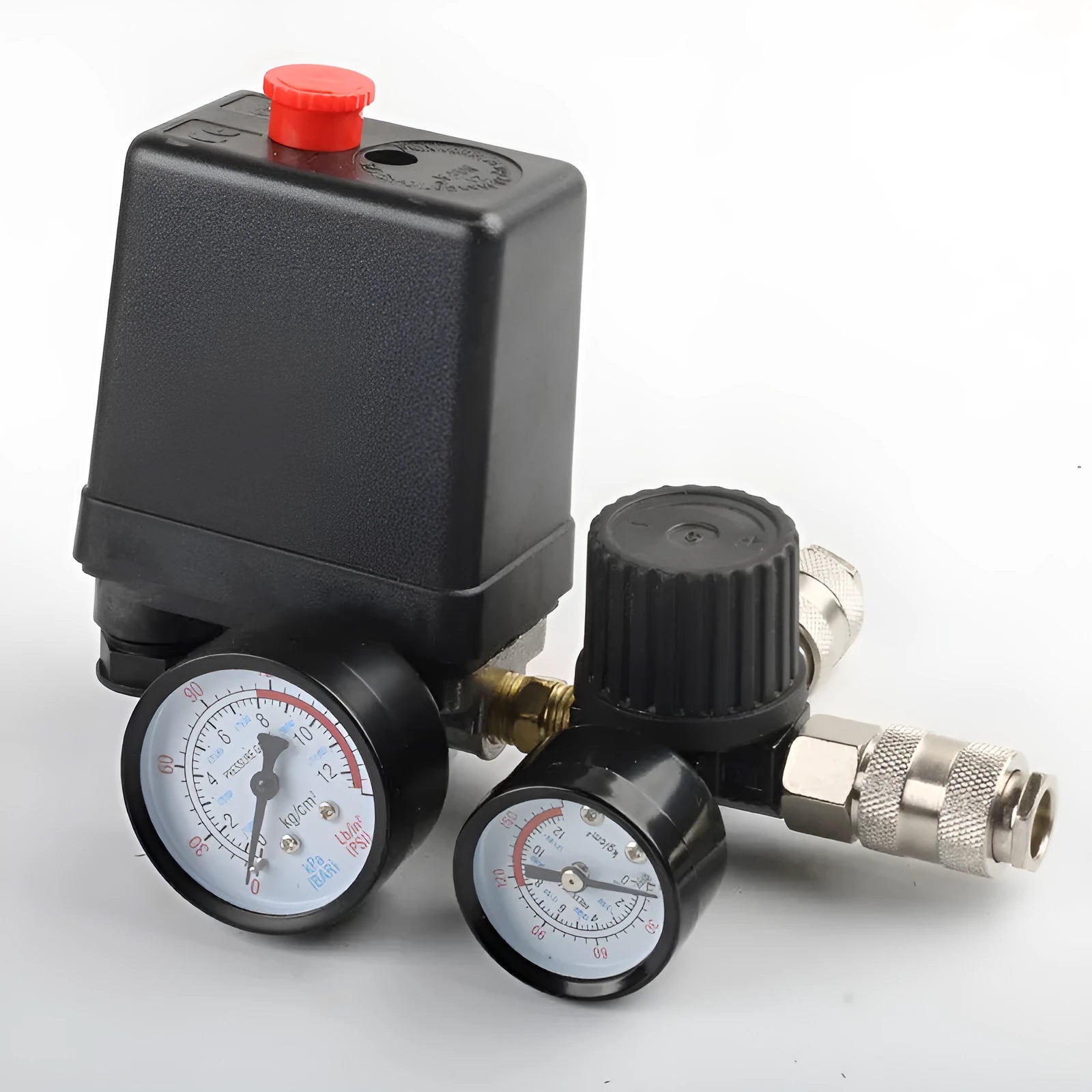 European style air compressor pressure switch with 12mm connector and voltage selector.