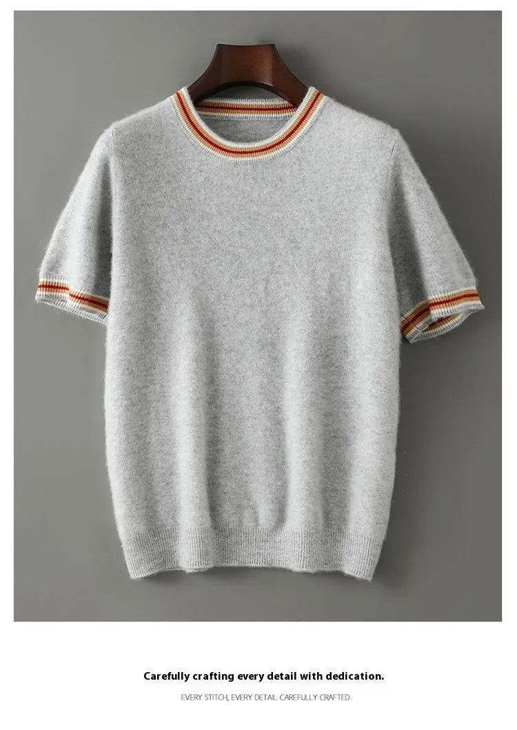 Men's grey round neck short sleeve pure wool pullover sweater on a hanger.