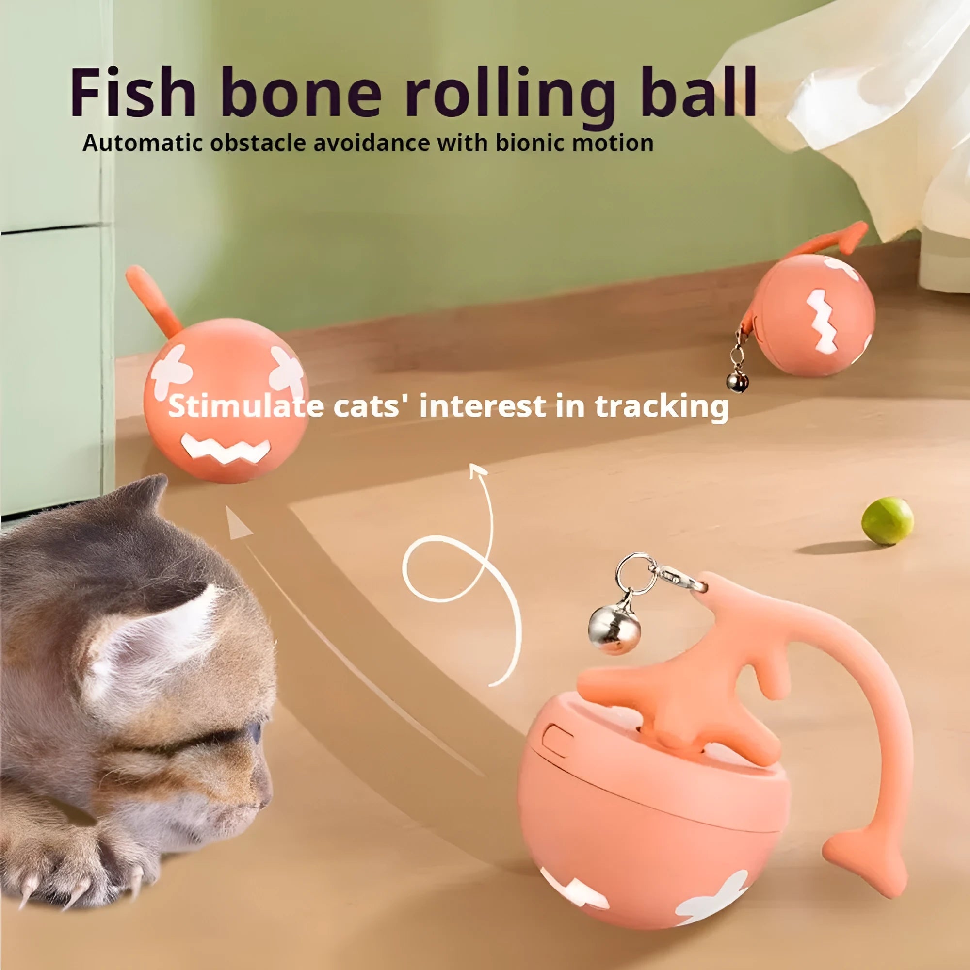 USB electric cat teasing ball toy with rolling fish bone design in blue, pink, and yellow colours