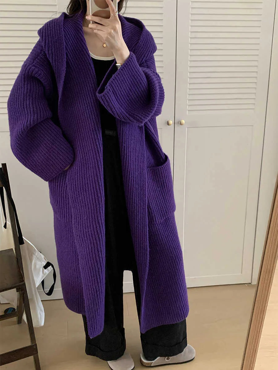 Loose hooded acrylic cardigan coat for women in beige colour with 80cm length and raglan sleeves