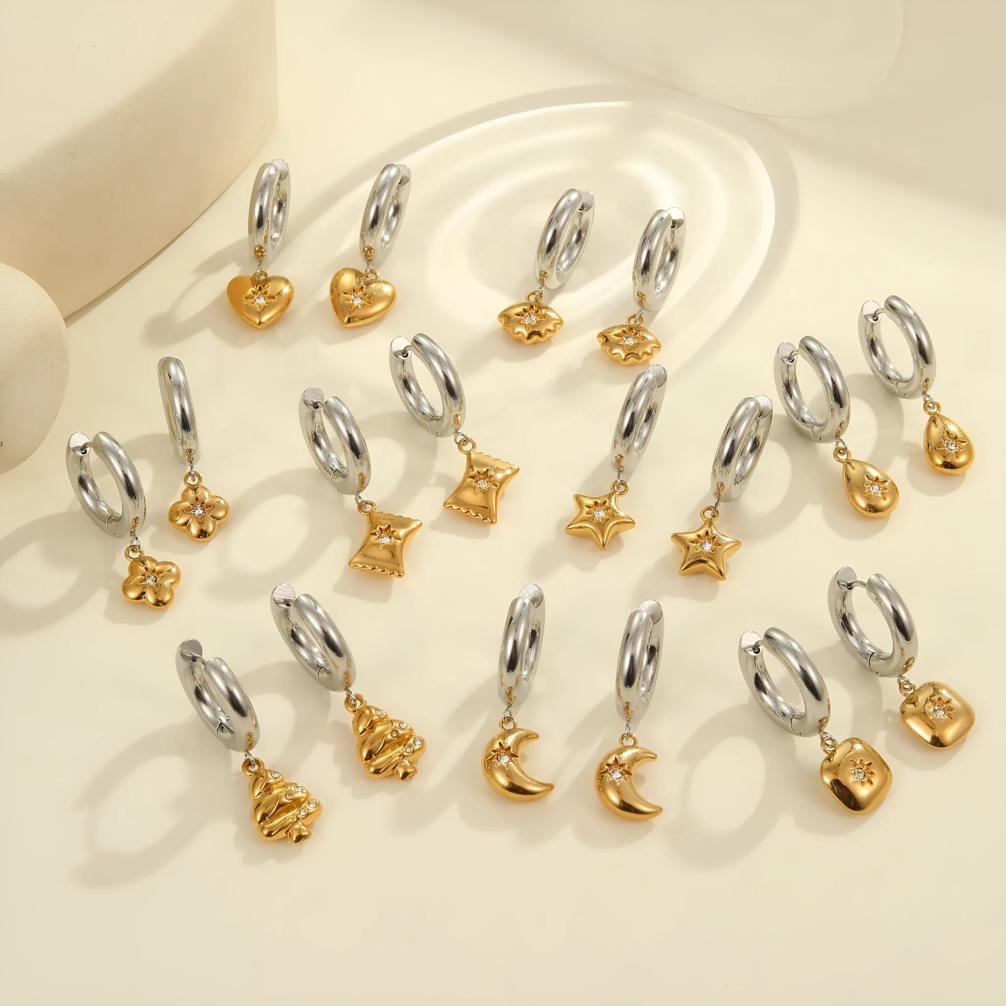 Christmas tree design earrings in stainless steel with 18K gold electroplated silver-tone finish