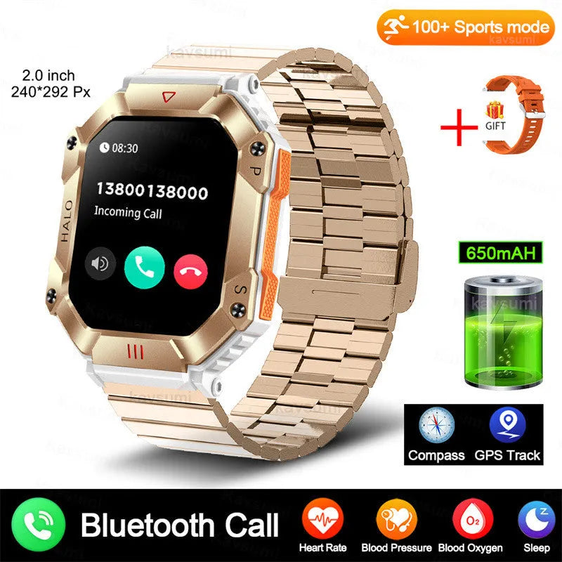 Android smart watch with GPS on wrist, showing titanium alloy case and black camouflage strap.