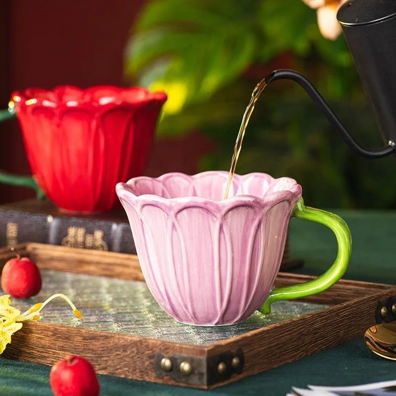 Red and purple ceramic breakfast cups with floral pastoral patterns, 500ml capacity.